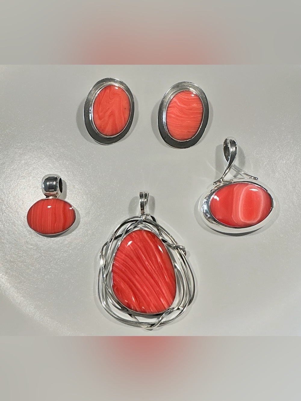 Vintage Sterling Silver Pink Coral Pendants & Clip Earrings Set